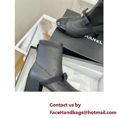 Chanel Heel 5.5cm Stretch Lambskin  &  Patent Calfskin Short Boots with Bow G40099 Black 2023